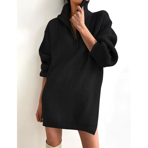 imageZESICA Womens Casual V Neck Sweater Dress Oversized Long Sleeve Zip Up Ribbed Knit Loose Pullover Tunic DressesBlack