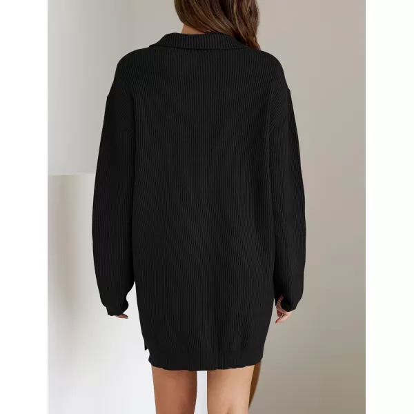 imageZESICA Womens Casual V Neck Sweater Dress Oversized Long Sleeve Zip Up Ribbed Knit Loose Pullover Tunic DressesBlack