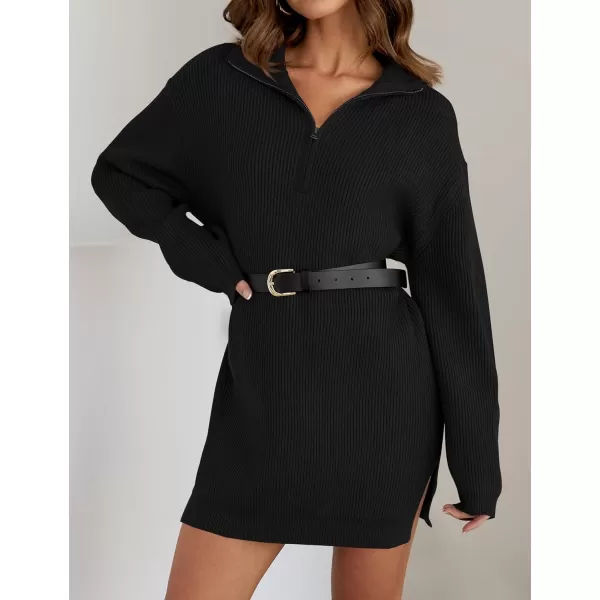 imageZESICA Womens Casual V Neck Sweater Dress Oversized Long Sleeve Zip Up Ribbed Knit Loose Pullover Tunic DressesBlack
