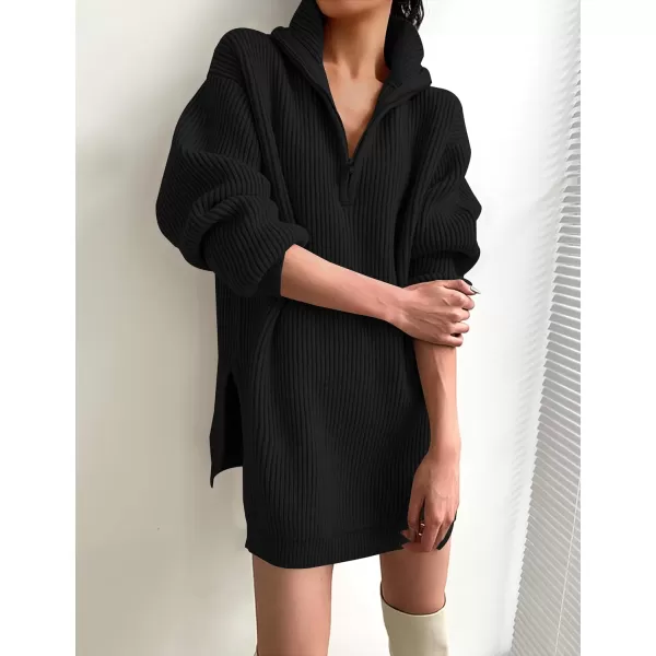imageZESICA Womens Casual V Neck Sweater Dress Oversized Long Sleeve Zip Up Ribbed Knit Loose Pullover Tunic DressesBlack