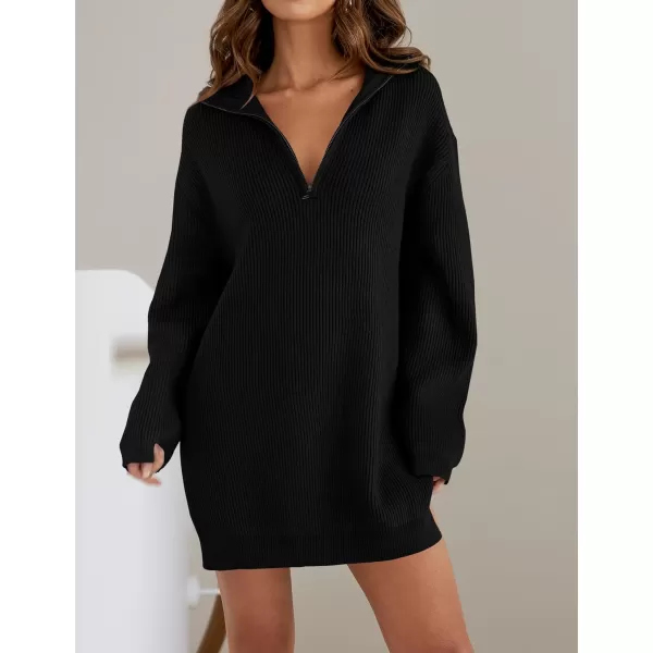 imageZESICA Womens Casual V Neck Sweater Dress Oversized Long Sleeve Zip Up Ribbed Knit Loose Pullover Tunic DressesBlack