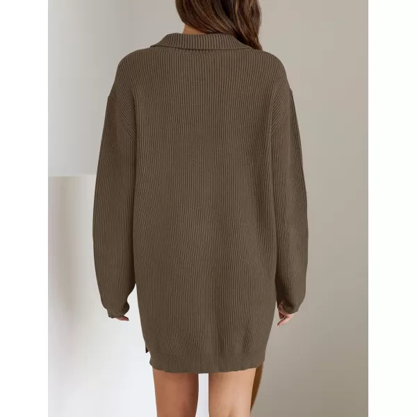 imageZESICA Womens Casual V Neck Sweater Dress Oversized Long Sleeve Zip Up Ribbed Knit Loose Pullover Tunic DressesCoffee