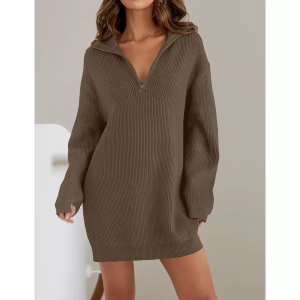 imageZESICA Womens Casual V Neck Sweater Dress Oversized Long Sleeve Zip Up Ribbed Knit Loose Pullover Tunic DressesCoffee