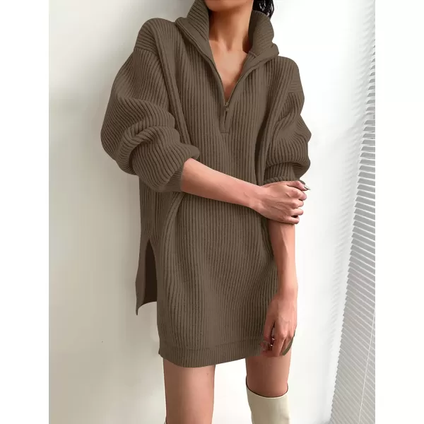 imageZESICA Womens Casual V Neck Sweater Dress Oversized Long Sleeve Zip Up Ribbed Knit Loose Pullover Tunic DressesCoffee