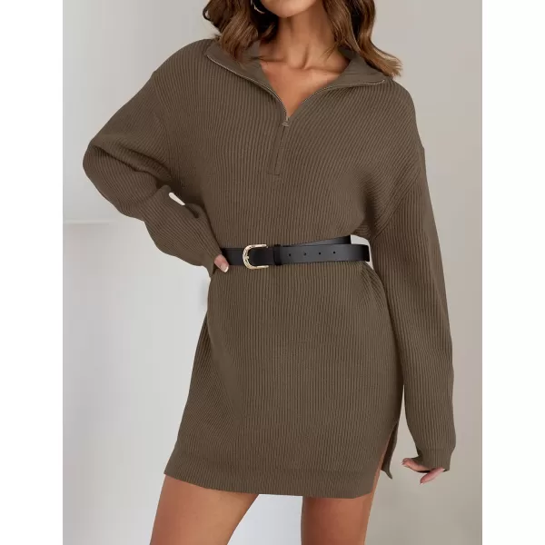 imageZESICA Womens Casual V Neck Sweater Dress Oversized Long Sleeve Zip Up Ribbed Knit Loose Pullover Tunic DressesCoffee