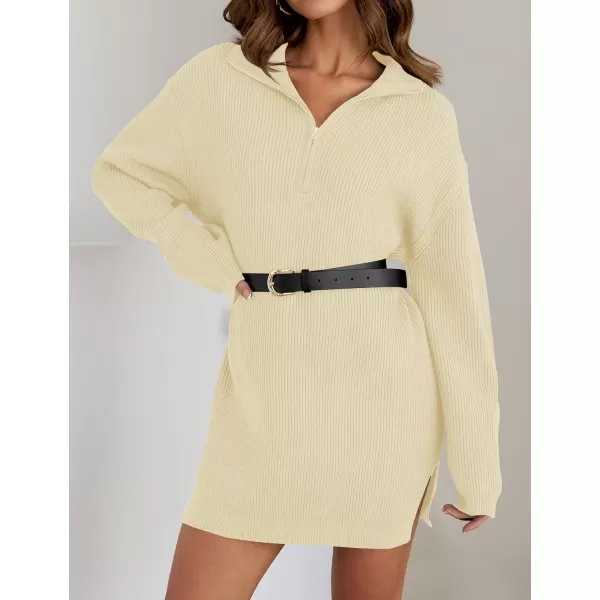 imageZESICA Womens Casual V Neck Sweater Dress Oversized Long Sleeve Zip Up Ribbed Knit Loose Pullover Tunic DressesCream