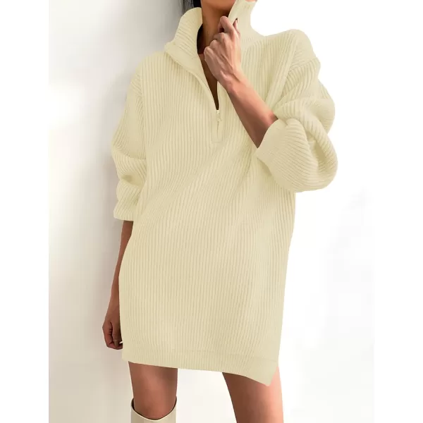 imageZESICA Womens Casual V Neck Sweater Dress Oversized Long Sleeve Zip Up Ribbed Knit Loose Pullover Tunic DressesCream