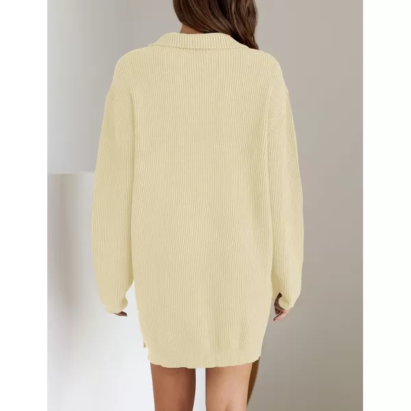 imageZESICA Womens Casual V Neck Sweater Dress Oversized Long Sleeve Zip Up Ribbed Knit Loose Pullover Tunic DressesCream