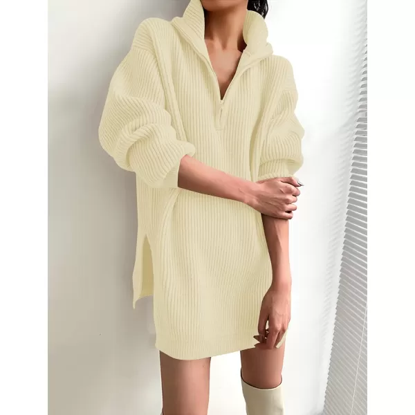 imageZESICA Womens Casual V Neck Sweater Dress Oversized Long Sleeve Zip Up Ribbed Knit Loose Pullover Tunic DressesCream