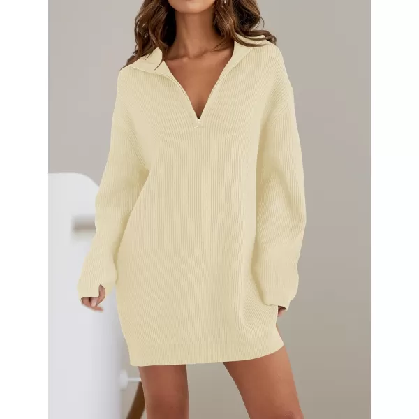 imageZESICA Womens Casual V Neck Sweater Dress Oversized Long Sleeve Zip Up Ribbed Knit Loose Pullover Tunic DressesCream