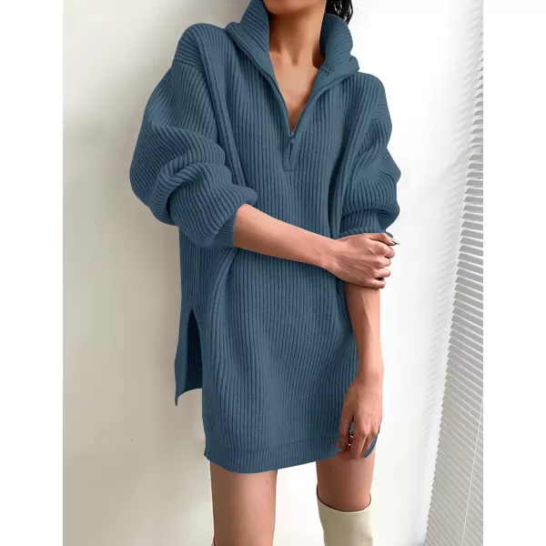 imageZESICA Womens Casual V Neck Sweater Dress Oversized Long Sleeve Zip Up Ribbed Knit Loose Pullover Tunic DressesDarkblue