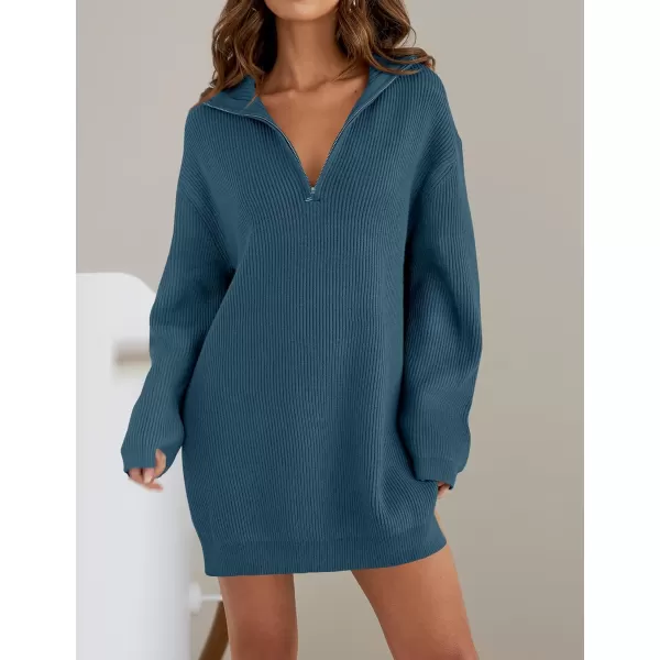 imageZESICA Womens Casual V Neck Sweater Dress Oversized Long Sleeve Zip Up Ribbed Knit Loose Pullover Tunic DressesDarkblue