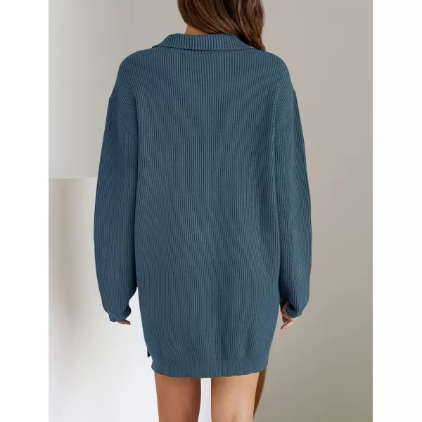 imageZESICA Womens Casual V Neck Sweater Dress Oversized Long Sleeve Zip Up Ribbed Knit Loose Pullover Tunic DressesDarkblue