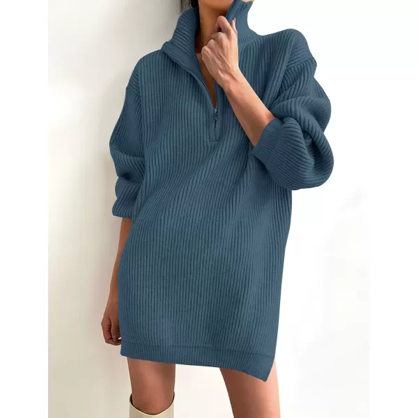imageZESICA Womens Casual V Neck Sweater Dress Oversized Long Sleeve Zip Up Ribbed Knit Loose Pullover Tunic DressesDarkblue
