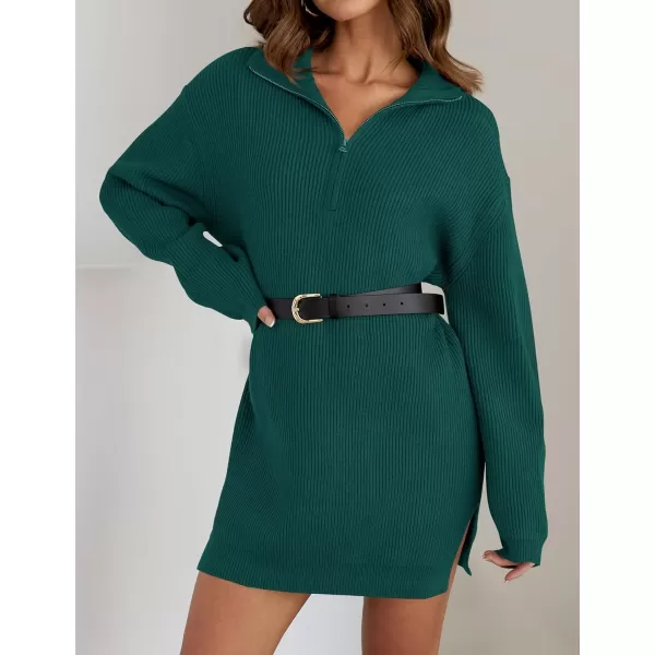 imageZESICA Womens Casual V Neck Sweater Dress Oversized Long Sleeve Zip Up Ribbed Knit Loose Pullover Tunic DressesDarkgreen