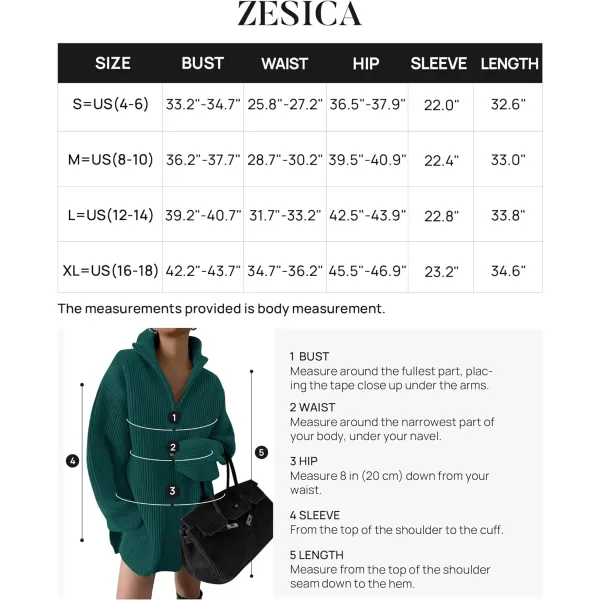 imageZESICA Womens Casual V Neck Sweater Dress Oversized Long Sleeve Zip Up Ribbed Knit Loose Pullover Tunic DressesDarkgreen