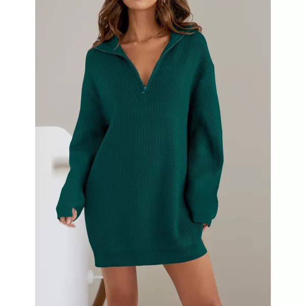 imageZESICA Womens Casual V Neck Sweater Dress Oversized Long Sleeve Zip Up Ribbed Knit Loose Pullover Tunic DressesDarkgreen