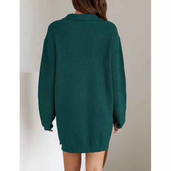 imageZESICA Womens Casual V Neck Sweater Dress Oversized Long Sleeve Zip Up Ribbed Knit Loose Pullover Tunic DressesDarkgreen