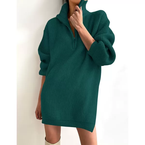imageZESICA Womens Casual V Neck Sweater Dress Oversized Long Sleeve Zip Up Ribbed Knit Loose Pullover Tunic DressesDarkgreen