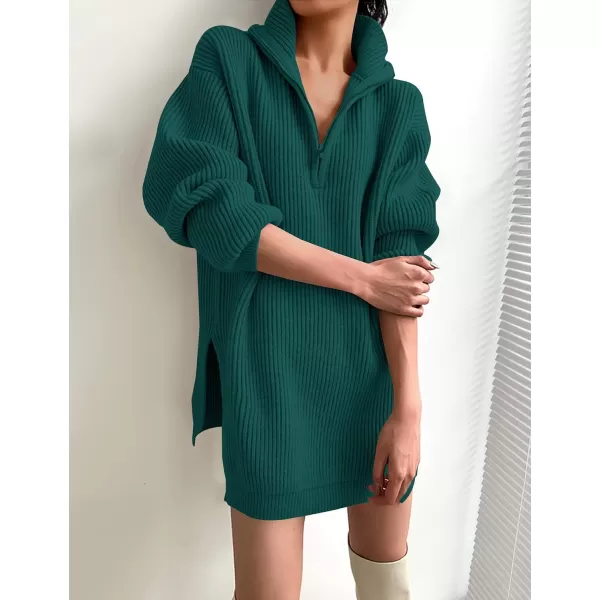 imageZESICA Womens Casual V Neck Sweater Dress Oversized Long Sleeve Zip Up Ribbed Knit Loose Pullover Tunic DressesDarkgreen