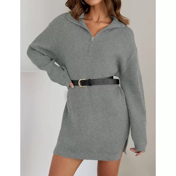 imageZESICA Womens Casual V Neck Sweater Dress Oversized Long Sleeve Zip Up Ribbed Knit Loose Pullover Tunic DressesGrey