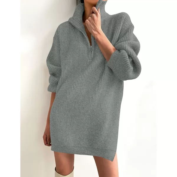 imageZESICA Womens Casual V Neck Sweater Dress Oversized Long Sleeve Zip Up Ribbed Knit Loose Pullover Tunic DressesGrey