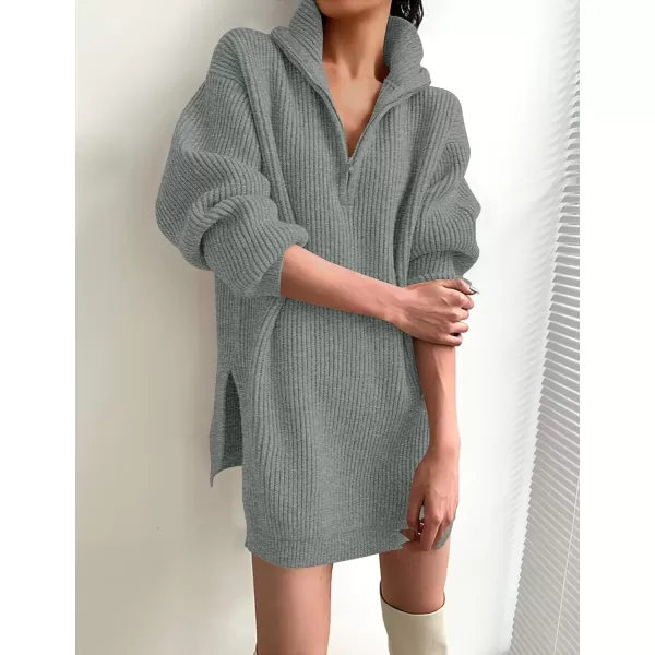 imageZESICA Womens Casual V Neck Sweater Dress Oversized Long Sleeve Zip Up Ribbed Knit Loose Pullover Tunic DressesGrey