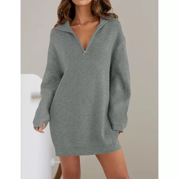 imageZESICA Womens Casual V Neck Sweater Dress Oversized Long Sleeve Zip Up Ribbed Knit Loose Pullover Tunic DressesGrey
