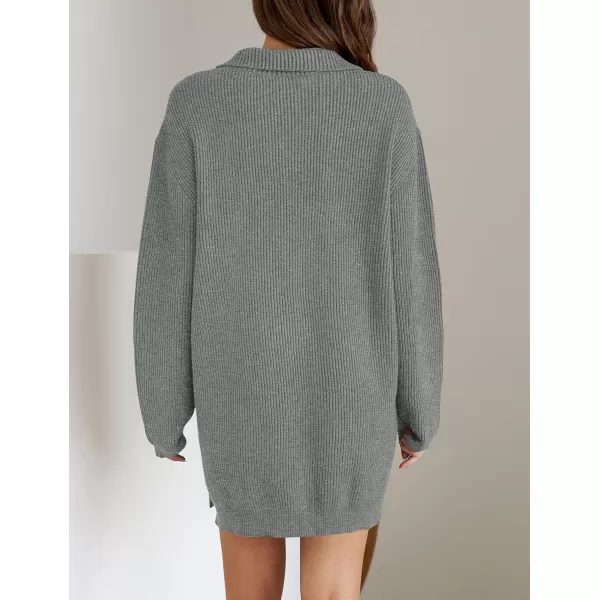 imageZESICA Womens Casual V Neck Sweater Dress Oversized Long Sleeve Zip Up Ribbed Knit Loose Pullover Tunic DressesGrey