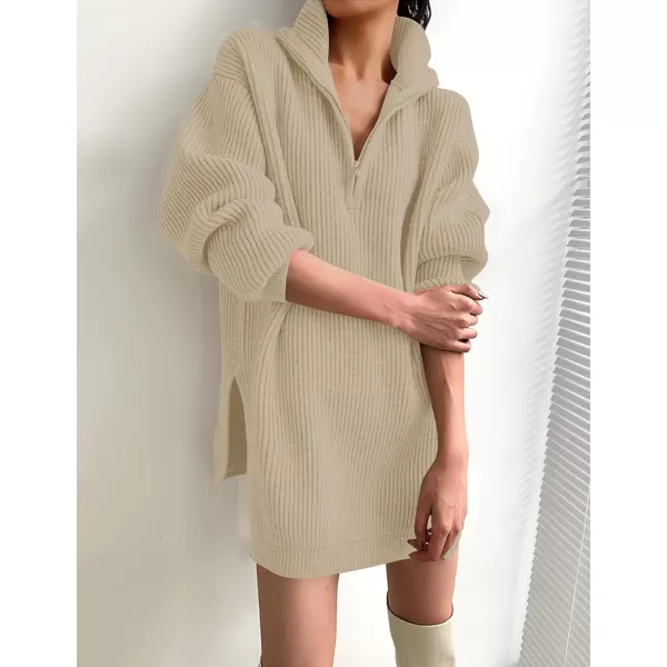 imageZESICA Womens Casual V Neck Sweater Dress Oversized Long Sleeve Zip Up Ribbed Knit Loose Pullover Tunic DressesKhaki