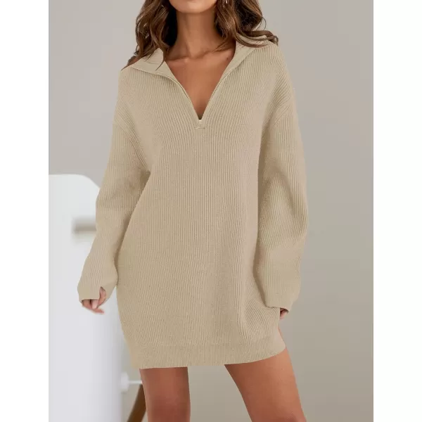 imageZESICA Womens Casual V Neck Sweater Dress Oversized Long Sleeve Zip Up Ribbed Knit Loose Pullover Tunic DressesKhaki