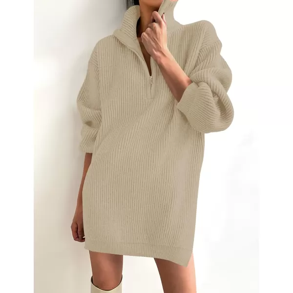 imageZESICA Womens Casual V Neck Sweater Dress Oversized Long Sleeve Zip Up Ribbed Knit Loose Pullover Tunic DressesKhaki