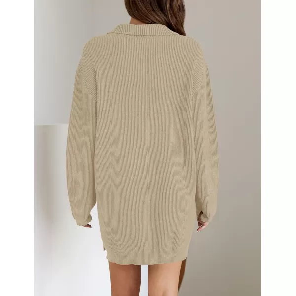 imageZESICA Womens Casual V Neck Sweater Dress Oversized Long Sleeve Zip Up Ribbed Knit Loose Pullover Tunic DressesKhaki
