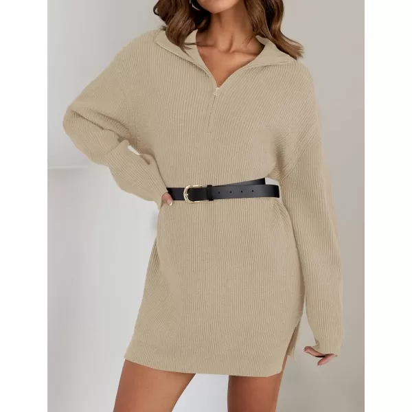 imageZESICA Womens Casual V Neck Sweater Dress Oversized Long Sleeve Zip Up Ribbed Knit Loose Pullover Tunic DressesKhaki