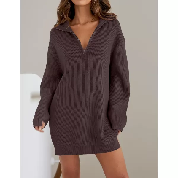 imageZESICA Womens Casual V Neck Sweater Dress Oversized Long Sleeve Zip Up Ribbed Knit Loose Pullover Tunic DressesNutmeg