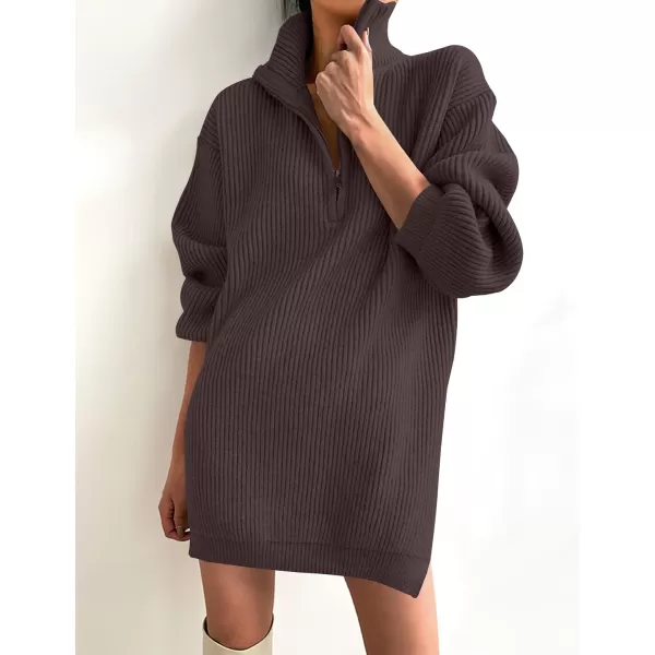 imageZESICA Womens Casual V Neck Sweater Dress Oversized Long Sleeve Zip Up Ribbed Knit Loose Pullover Tunic DressesNutmeg