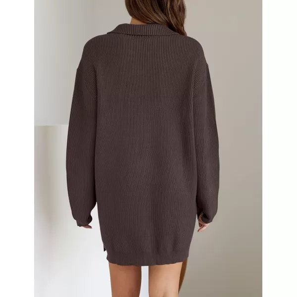 imageZESICA Womens Casual V Neck Sweater Dress Oversized Long Sleeve Zip Up Ribbed Knit Loose Pullover Tunic DressesNutmeg