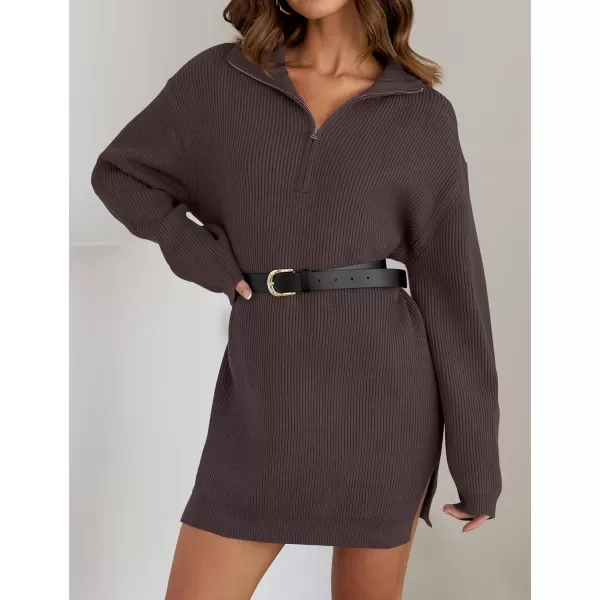 imageZESICA Womens Casual V Neck Sweater Dress Oversized Long Sleeve Zip Up Ribbed Knit Loose Pullover Tunic DressesNutmeg