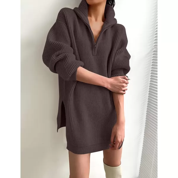 imageZESICA Womens Casual V Neck Sweater Dress Oversized Long Sleeve Zip Up Ribbed Knit Loose Pullover Tunic DressesNutmeg