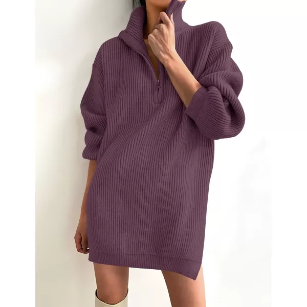 imageZESICA Womens Casual V Neck Sweater Dress Oversized Long Sleeve Zip Up Ribbed Knit Loose Pullover Tunic DressesPurple