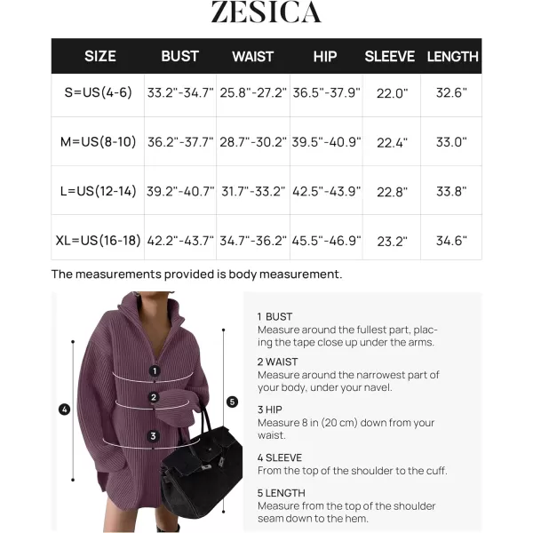imageZESICA Womens Casual V Neck Sweater Dress Oversized Long Sleeve Zip Up Ribbed Knit Loose Pullover Tunic DressesPurple