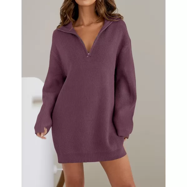 imageZESICA Womens Casual V Neck Sweater Dress Oversized Long Sleeve Zip Up Ribbed Knit Loose Pullover Tunic DressesPurple