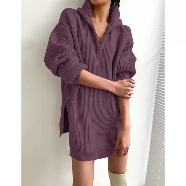 imageZESICA Womens Casual V Neck Sweater Dress Oversized Long Sleeve Zip Up Ribbed Knit Loose Pullover Tunic DressesPurple