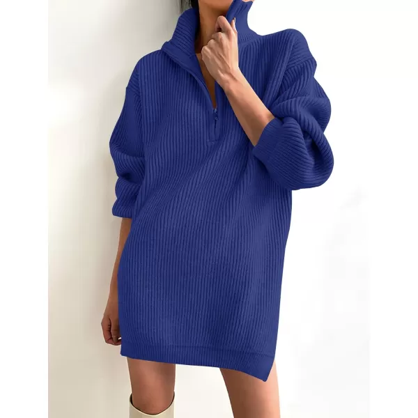 imageZESICA Womens Casual V Neck Sweater Dress Oversized Long Sleeve Zip Up Ribbed Knit Loose Pullover Tunic DressesRoyalblue