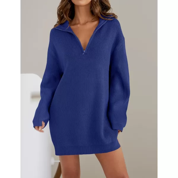 imageZESICA Womens Casual V Neck Sweater Dress Oversized Long Sleeve Zip Up Ribbed Knit Loose Pullover Tunic DressesRoyalblue