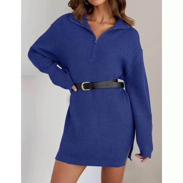 imageZESICA Womens Casual V Neck Sweater Dress Oversized Long Sleeve Zip Up Ribbed Knit Loose Pullover Tunic DressesRoyalblue