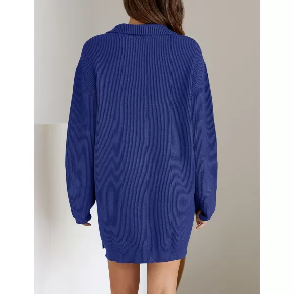 imageZESICA Womens Casual V Neck Sweater Dress Oversized Long Sleeve Zip Up Ribbed Knit Loose Pullover Tunic DressesRoyalblue