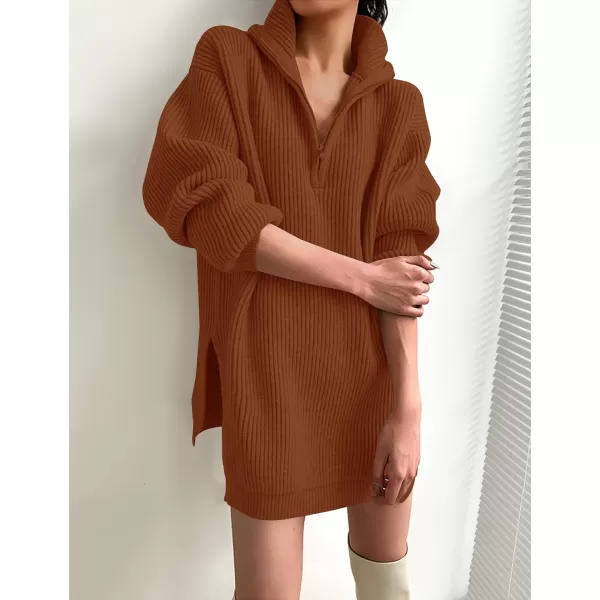 imageZESICA Womens Casual V Neck Sweater Dress Oversized Long Sleeve Zip Up Ribbed Knit Loose Pullover Tunic DressesRust