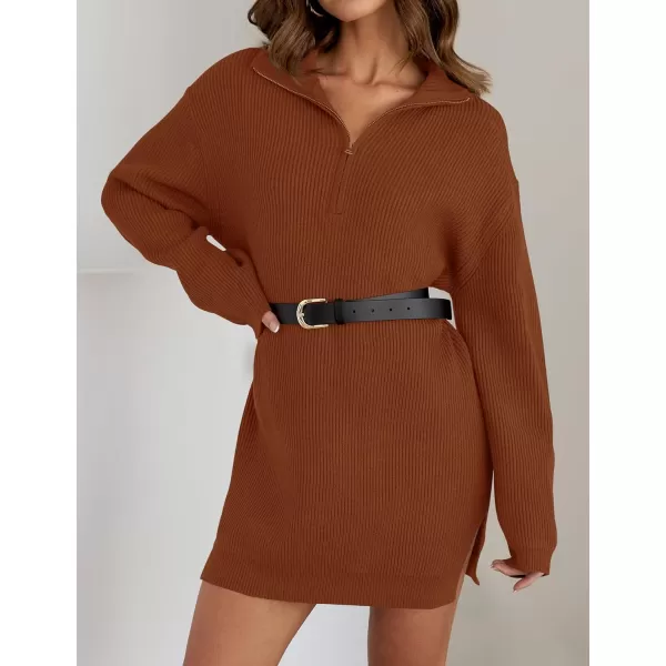 imageZESICA Womens Casual V Neck Sweater Dress Oversized Long Sleeve Zip Up Ribbed Knit Loose Pullover Tunic DressesRust