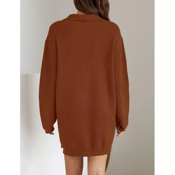 imageZESICA Womens Casual V Neck Sweater Dress Oversized Long Sleeve Zip Up Ribbed Knit Loose Pullover Tunic DressesRust